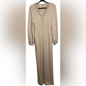 Beige Smocked Boho Wide Leg Jumpsuit L NWT